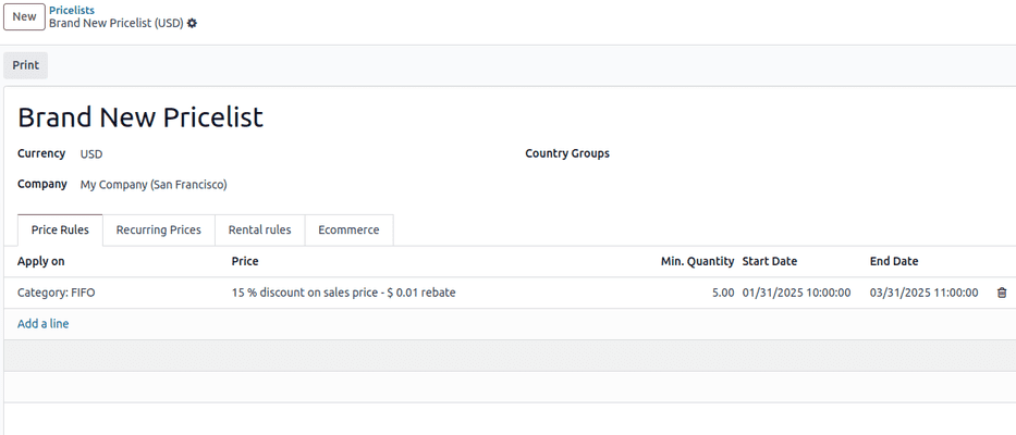 Odoo Sales'da narx ro'yxati batafsil formasi qanday ko'rinishi.