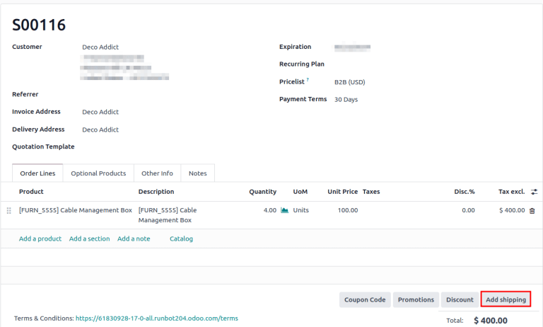 Show the Add Shipping button on the quotation.