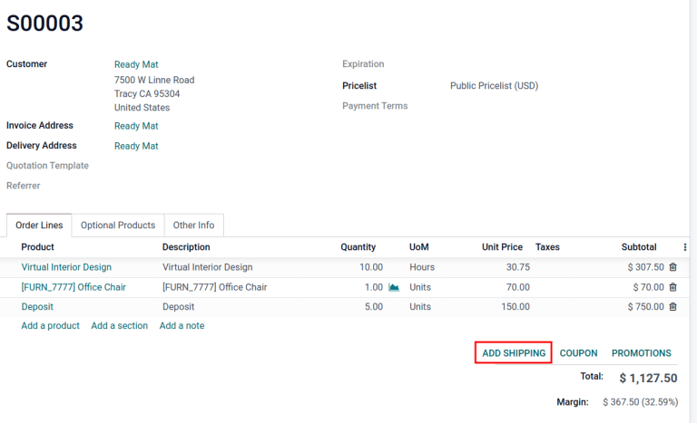 Show the Add shipping button at the bottom of a quotation.