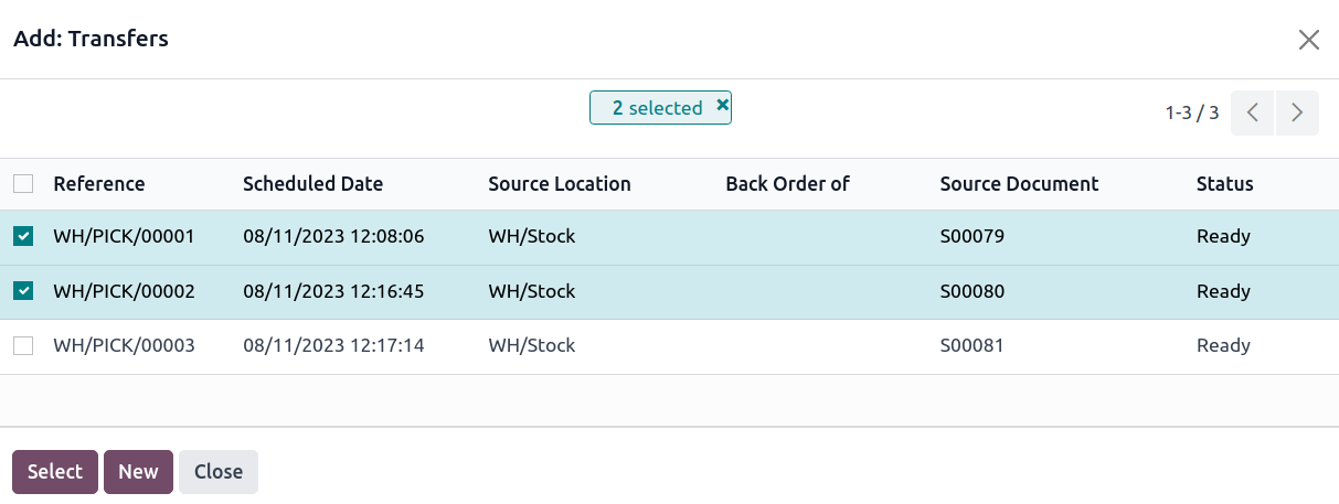 Select multiple transfers from the Add:Transfers window.