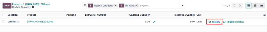 Show the History button on the Inventory Adjustments page.