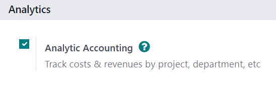 Odoo Accounting Settings sahifasida Analytic Accounting sozlamasini faollashtirish ko'rinishi.