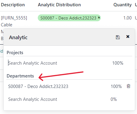 Odoo'da xarid buyurtmasidan Analytic Distribution bo'limini tanlash usuli.