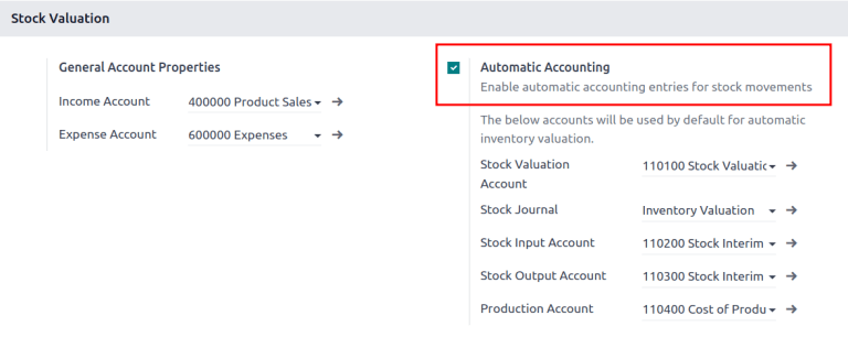 Settings sahifasining Stock Valuation bo'limidagi Automatic Accounting xususiyati.
