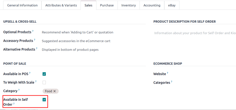 In the Sales tab of a product form, showing Available in Self Order setting.