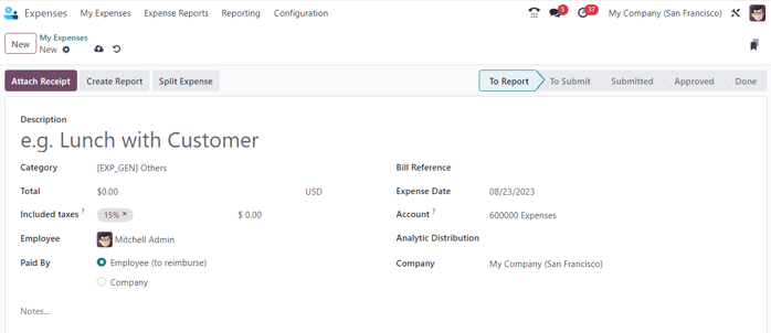Odoo Expenses ilovasida bo'sh xarajatlar formasi.