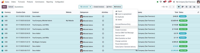 Odoo Sales ilovasidagi Actions ochiladigan menyusidagi Cancel quotations varianti.