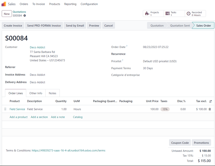 Odoo Sales ilovasida tasdiqlangan sotish buyurtmasi shunday ko'rinadi.