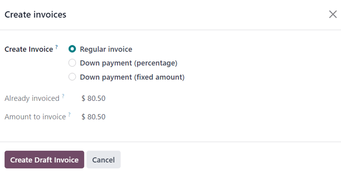 Odoo Sales da create invoices pop up da oldindan to'lovni chegirma qilish varianti.