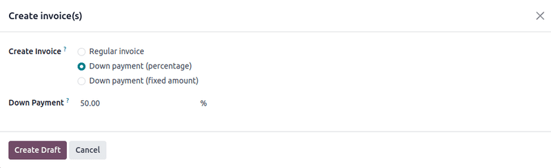 Odoo Sales da paydo bo'ladigan hisob-kitoblar yaratish pop-up formasi.