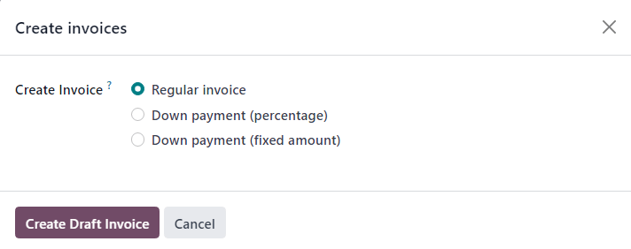 Create Invoice bosilganda paydo bo'ladigan create invoices pop-up oynasi.
