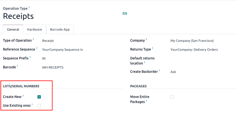 Show Create New option is selected on the Receipts operation type.