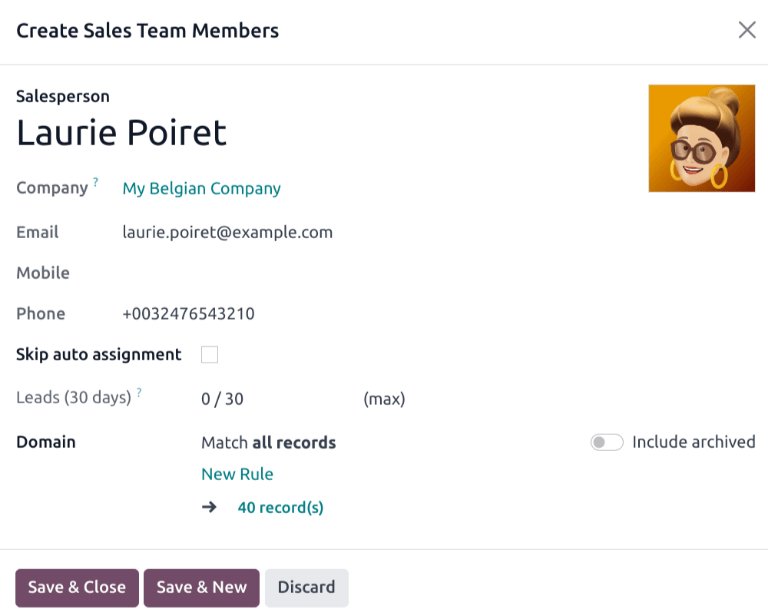 Create Sales Team Members popup oynasi.