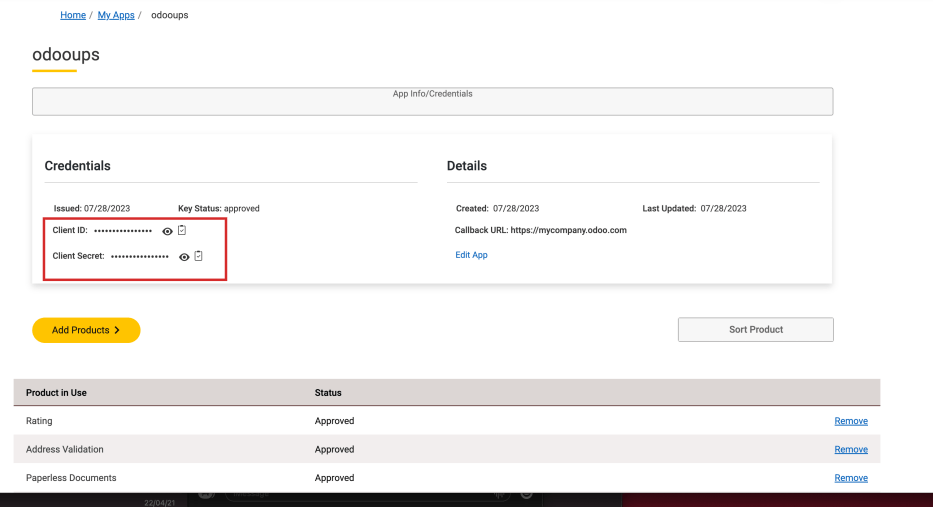 Display the Client ID and Client Secret key.
