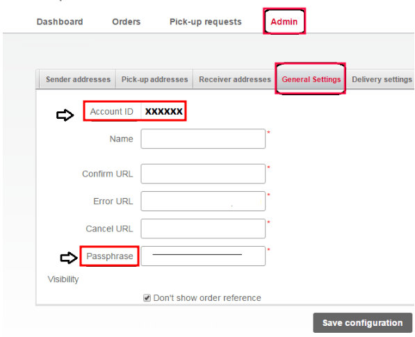 In the Admin tab, show the Account ID and Passphrase.