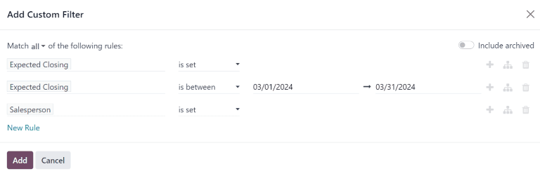 Add Custom Filters pop-up window with custom filters configured for expected revenue
report.