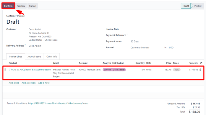 Formaning Invoice Lines bo'limida xarajat bilan mijoz hisob-kitobi qoralamasi.
