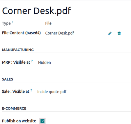 Odoo Sales'da yuklangan pdf bilan standart hujjat formasi.