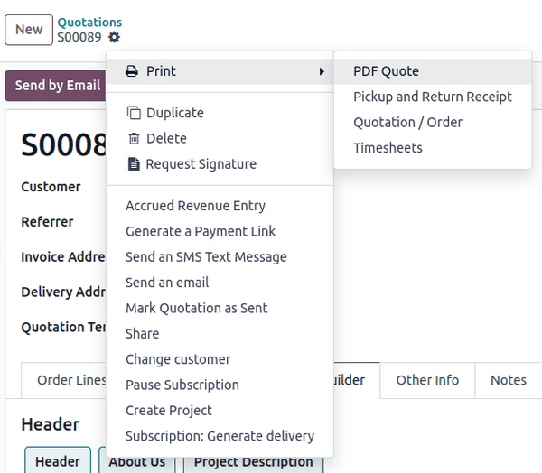 Odoo Sales'da tasdiqlangan savdo buyurtmasida joylashgan ochiluvchi menyudagi PDF kotirovkani chop etish opsiyasi.