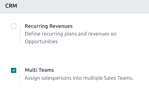 Multi Teams sozlamasi yoqilgan CRM ilovasining sozlamalar sahifasi.