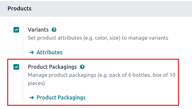 Enable packagings by selecting Product Packagings.