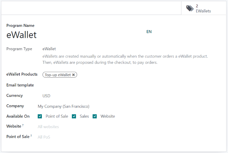 eWallet dasturi konfiguratsiya sahifasi