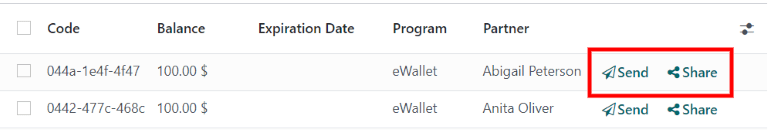 eWallet yuborish va baham ko'rish tugmalari