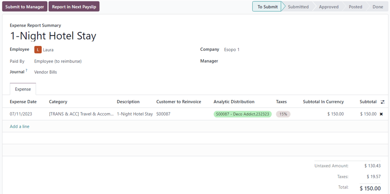 Odoo Expenses'da Xarajat Hisoboti Xulosasining ko'rinishi.