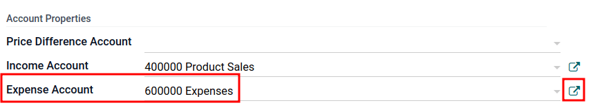 Expense Account maydoni va tashqi havola belgisini ko'rsatish.