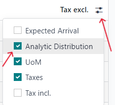 Odoo Purchase'da xarid buyurtmasi formasida analitik taqsimlash ustunini qo'shish usuli.