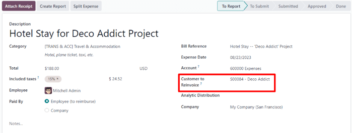 Odoo Expenses ilovasida to'ldirilgan xarajatlar formasi.