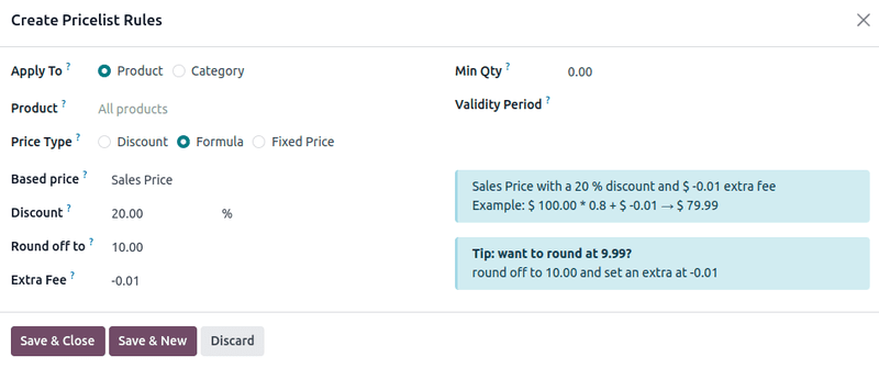 Odoo Sales'da narxlari 9.99 gacha yumalaqlangan 20% chegirma misoli.
