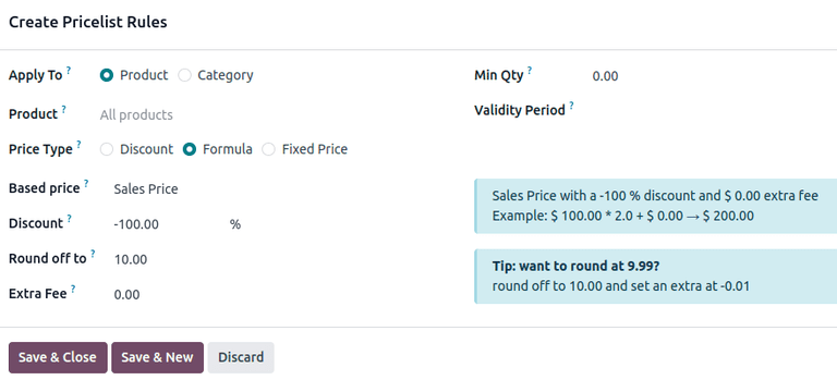Odoo Sales'da 5 dollarlik minimal daromad bilan narx oshirish xarajatini shaklllantirish qanday ko'rinishi.