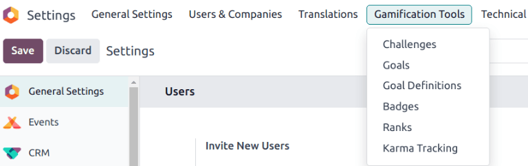 Odoo Settings da gamifikatsiya vositalari menyusining ko'rinishi.