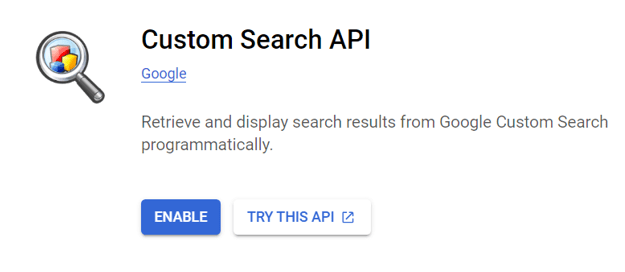 Custom Search API page with Enable button highlighted on Google Cloud Platform.