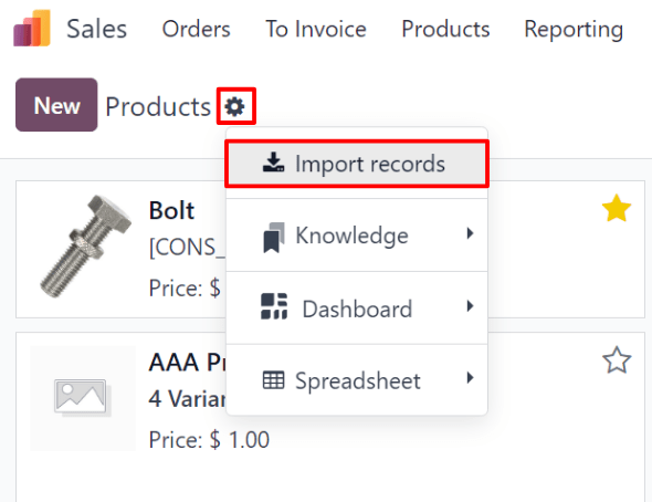 Odoo Sales modulidagi Products sahifasida gear belgisidan tanlanishi mumkin bo'lgan "Import records" varianti.