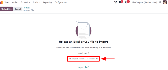 Odoo Sales modulidagi Products sahifasida gear belgisidan tanlanishi mumkin bo'lgan "Import records" varianti.