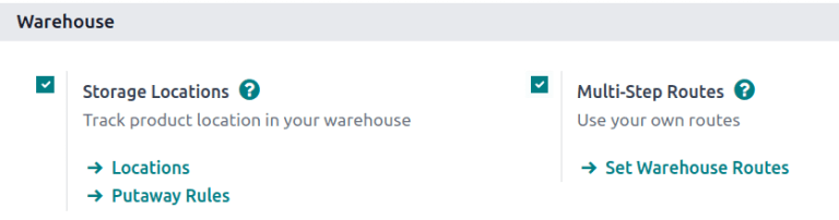 Enable Storage Locations and Multi-Step Routes Inventory Configuration Settings.