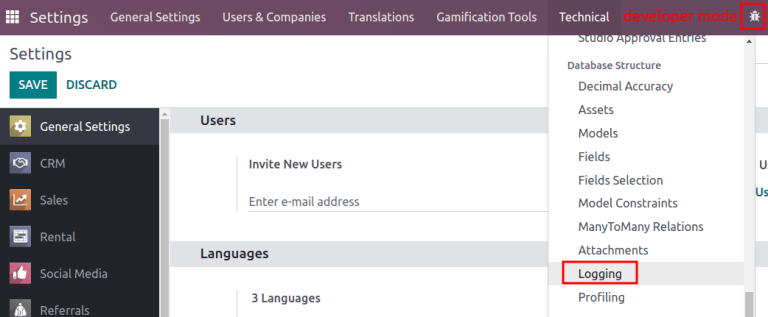 Show how to find the Logging option from the Technical menu.