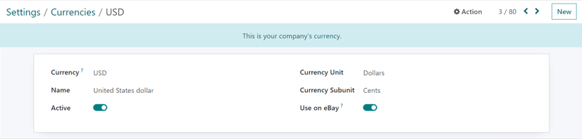 Odoo Accounting da asosiy valyuta tafsilot formasi qanday ko'rinadi.