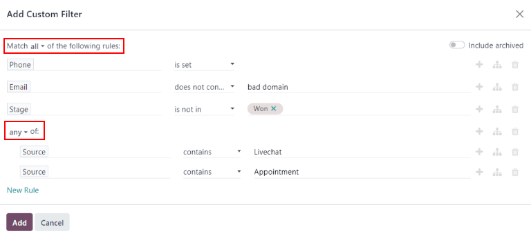 Add custom filter pop-up oynasidagi match rule variantlarining yaqin ko'rinishi.