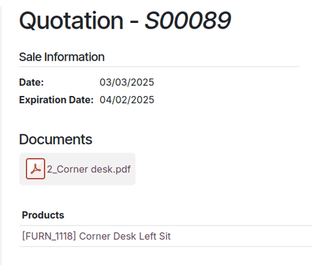 Odoo Sales'da kotirovka opsiyasi tanlangan bilan yuklangan pdf namunasi.