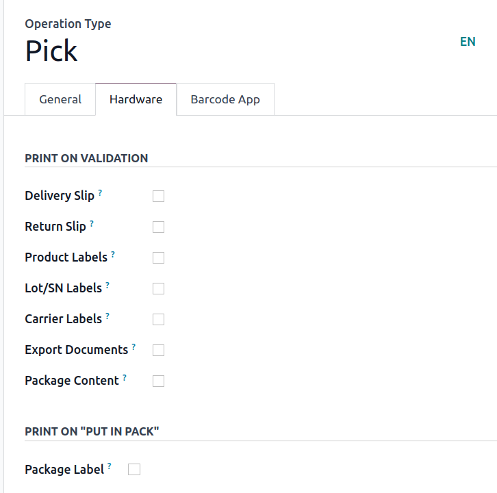 Show the Print on Validation option in the Pick Operation Type.