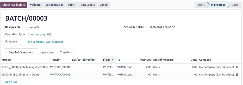 Show batch transfer of products from two pickings in the Detailed Operations tab.