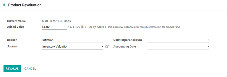Product revaluation form adding a value of 1.00 with the reason being inflation.
