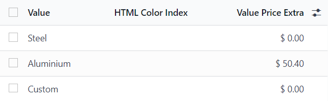 Mahsulot formasidagi Configure tugmasi orqali kirish mumkin bo'lgan Product Variant Values sahifasi.