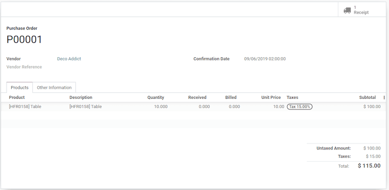 Purchase order with 10 tables products valued at 10.00 each.
