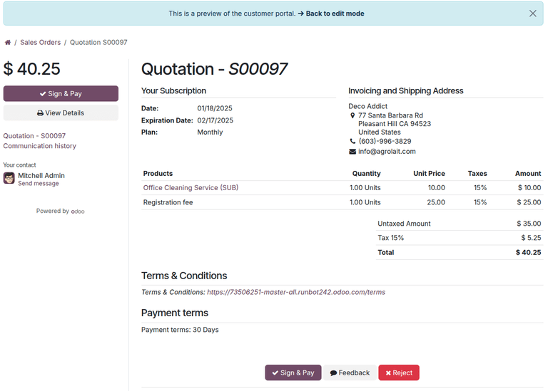 Odoo Sales'da kotirovka shablonining mijoz ko'rinishi.
