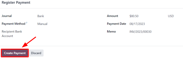 Create payment tugmasi bilan Register Payment pop-up oynasining namoyishi.