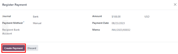 Odoo Sales da mijoz hisob-kitobida register payment pop-up oynasi.